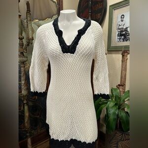 GAPbody White and Black Crochet Long Sleeve Mini Dress